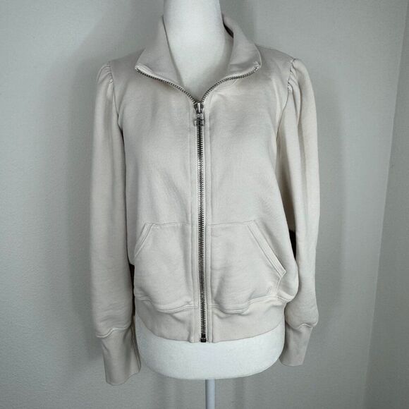 Veronica Beard Siedel Zip-Up Jacket Sweatshirt Size L Ecru Puff Sleeve - Picture 3 of 15